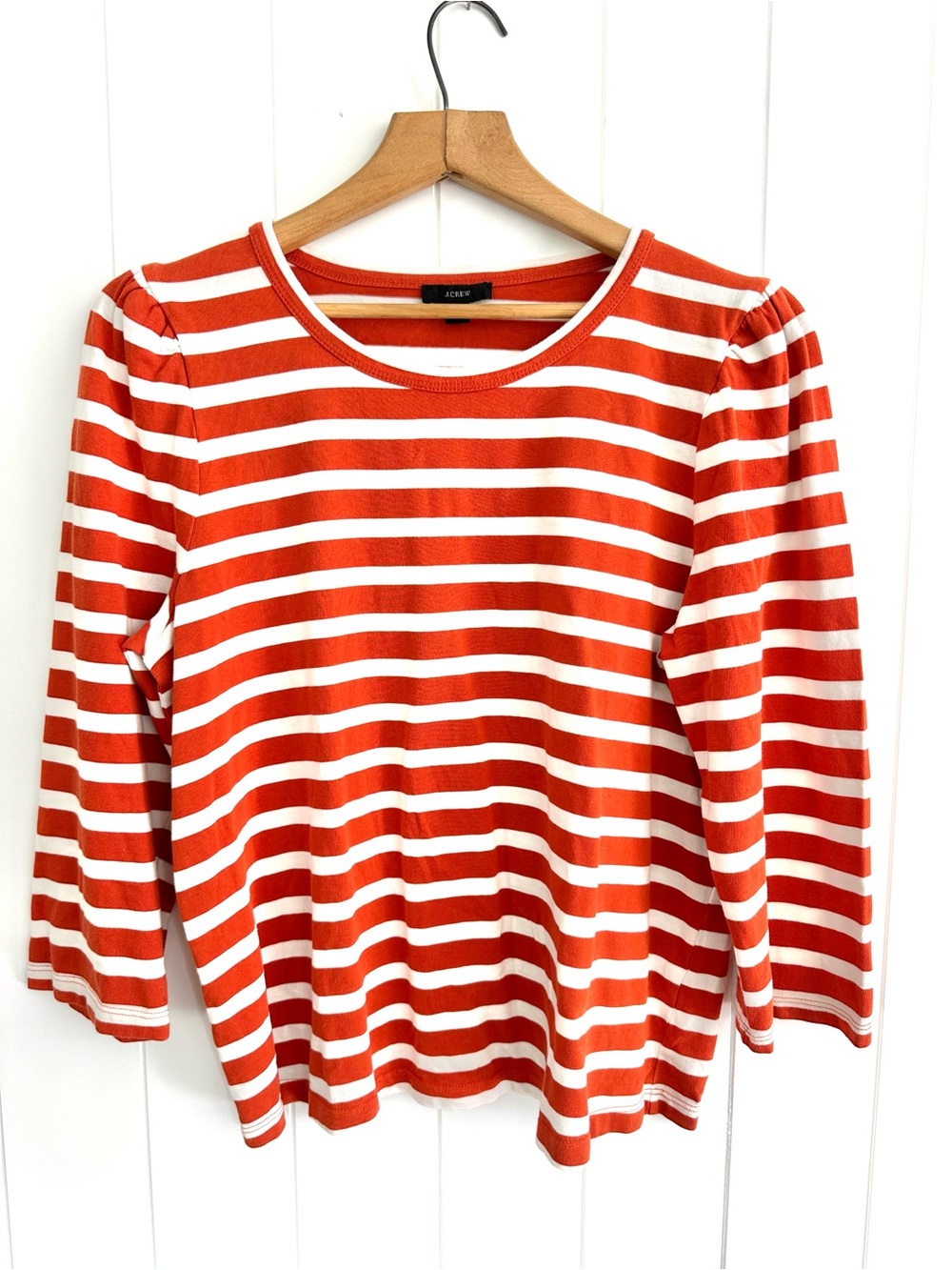 J. Crew Orange and White Striped 3/4 Sleeve Top with Puff Shoulders